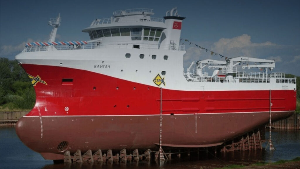The Vaigach Crabber – the newest vessel – is launched for the first time.